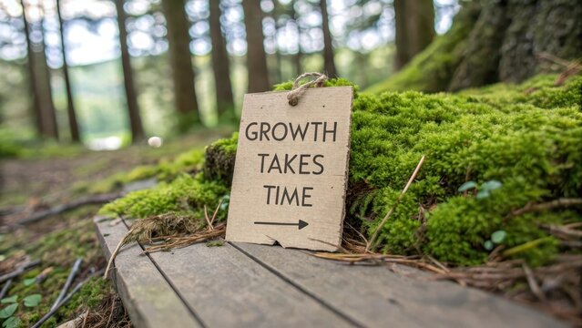 Growth Takes Time Inspirational Sign in a Lush Green Forest Setting