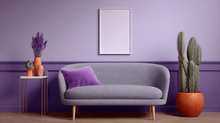 Modern minimalist living room with purple accents blank frame