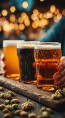 Oktoberfest Beer Culture and Craft Experience, golden beer mugs clinking in rustic outdoor gathering, celebrating seasonal brewing heritage and German tradition with festive cheers and bonding