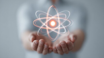 Minimalist flat illustration of glowing atom above open hands, World Science Day for Peace and Development design