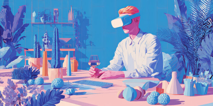 Person wearing virtual reality headset sits desk surrounded by plants and geometric objects, holding glass. scene is bathed vibrant blue and pink hues, creating futuristic and creative atmosphere