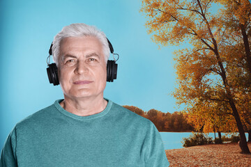 Senior man listening to sounds of nature which making him feel calm. Double exposure with landscape