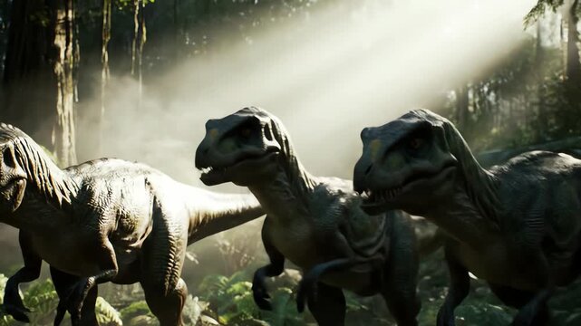 4k cinematic shot of three Velociraptors moving through a misty, sun-dappled prehistoric forest, showcasing detailed textures and a dark, moody atmosphere.