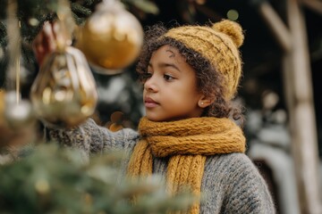 Child in plaid scarf holding small Christmas tree