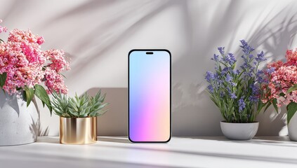 Modern smartphone mockup with pastel flowers and plants