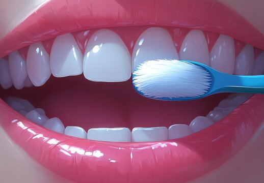 Teeth being brushed, close-up view