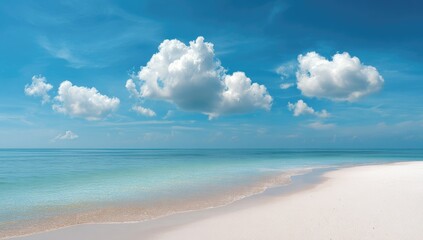 Fototapeta premium Sunny beach scene with turquoise water and fluffy clouds
