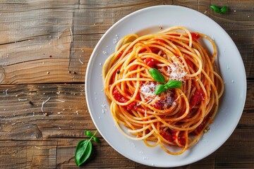 A high-angle, close-up shot of spaghetti with tomato sauce, topped with grated cheese and basil, served on a white plate on a rustic wooden surface