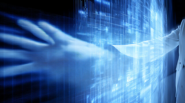 A person interacts with a futuristic digital interface displaying data streams and code in a high-tech environment. - Powered by Adobe