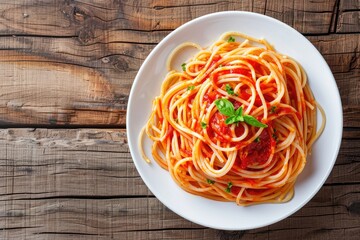 A high-angle, close-up shot of a plate of spaghetti with tomato sauce and basil, set on a rustic wooden surface