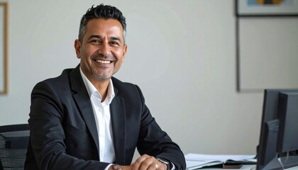 a smiling forty man with short black hair wearing a black jacket and a white shirt sitting at the desk in the office
