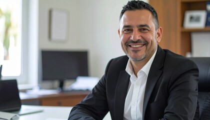 Fototapeta premium a smiling forty man with short black hair wearing a black jacket and a white shirt sitting at the desk in the office