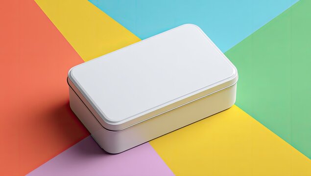 Blank white metal tin box on colorful background