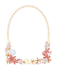 Arch wreath of pearl and seashell in watercolor and outline. Hand drawn line art with red coral starfish in colored pencil sketch. Great for wedding invitation. Perfect for nautical card template.