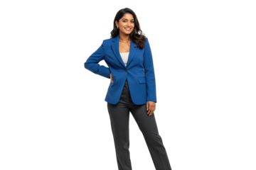 Beautiful young Indian woman in a blue blazer with a hand on her hip.