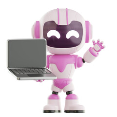 3D Cute Robot Cartoon Mascot Character Laptop Technology Education Innovation Future Robotic Digital Cyber Artificial Intelligence