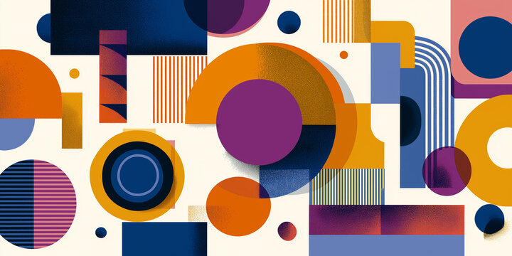 Vibrant abstract retro poster featuring simple geometric shapes and bold colors, including circles, rectangles, and lines in shades of orange, purple, and blue, creating dynamic composition