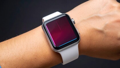 A wrist displays a smart watch with a screen showcasing vertical red and blue lines. The watch has a white band and a silver case