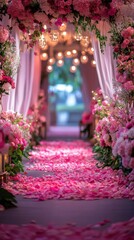 Romantic wedding aisle decorated with pink flowers and petals. Elegant event setup.