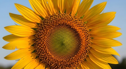 Naklejka premium Vibrant sunflower blossom, detailed view of petals and disc florets against a clear sky.