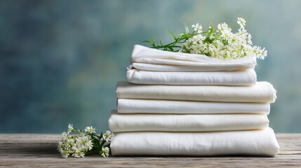 Freshly laundered white linens decorated with flowers