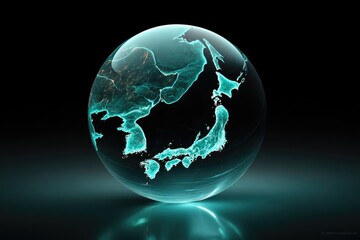 A translucent globe, highlighting Asia, with glowing, teal outlines