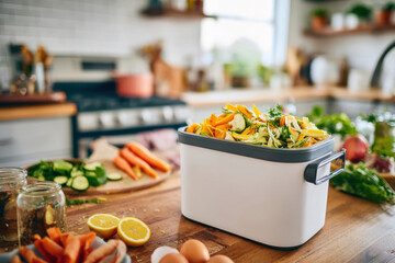 Modern kitchen with vegetable scraps and fresh produce