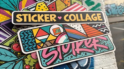 Obraz premium Colorful graffiti style layered sticker collage showcases urban art creativity and local expression in street environment