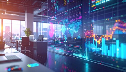 Dynamic teamwork ecosystem with levitating holographic charts, colorful data streams weaving through a sleek workspace, realistic HD camera detail