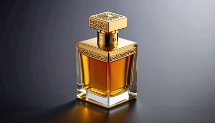 A sleek, square clear glass bottle, filled with amber liquid and topped with an ornate gold cap, sits on a gradient dark grey surface