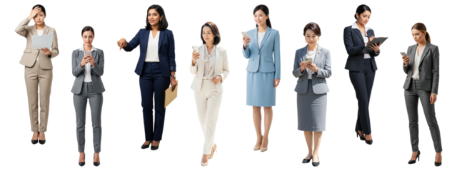 A diverse group of businesswomen with different poses and expressions.
