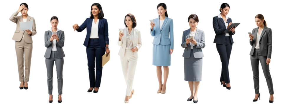 A diverse group of businesswomen with different poses and expressions.