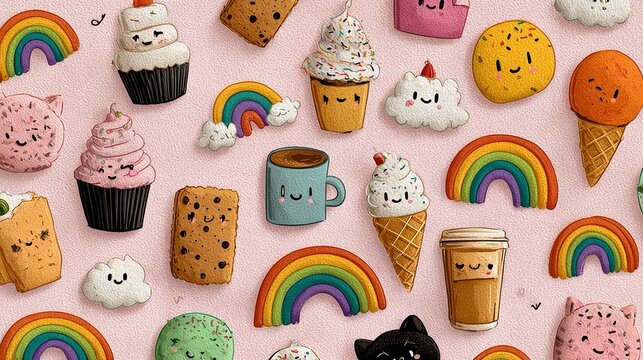 Bright cute background with kawaii-style desserts, colorful rainbows, and happy character faces, ideal for cheerful product packaging.