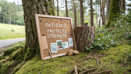 Inspirational Cork Board Display in Tranquil Forest Environment