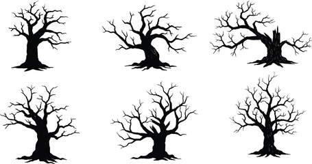 Silhouette of spooky dead trees, leafless branches, eerie forest scene, Halloween tree clipart, haunted tree illustrations, vector set isolated