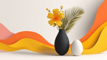 Naklejka premium Abstract still life with yellow flower, vase, and egg