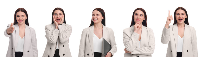 Beautiful woman on white background. Collage of portraits