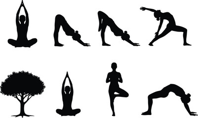 Yoga pose silhouettes, black vector, tree icon, wellness clipart, meditation, stretching, balance, flexibility, nature, exercise, healthy lifestyle, graphic