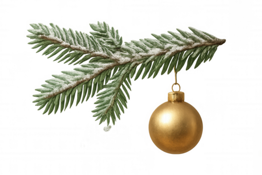 Snow covered fir branch with shiny golden christmas bauble hanging, festive holiday decoration on transparent background