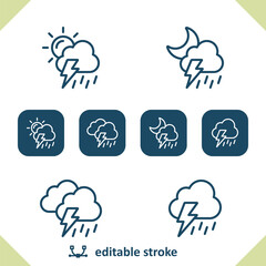 Obraz premium Weather Icons. Raining, Rain, Cloud, Storm, Lightning, Sun, Day, Moon, Night