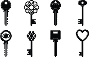 Vintage keys, artistic key designs, symbolic key shapes, abstract metal keys, decorative key heads, unique key collection, antique style keys