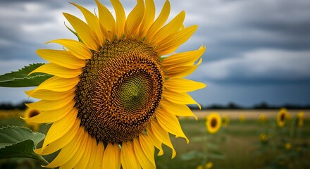 Fototapeta premium A vibrant, close-up view of a large sunflower with bright yellow petals and a textured brown center, set against a blurred background of a field of sunflower...