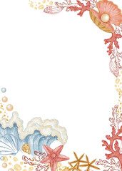 Vertical frame of wave and shell with pearl in watercolor style. Hand drawn line art starfish and coral in colored pencil sketch. Great for summer card template. Perfect for nautical coastal print.
