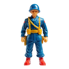 Plastic toy soldier in blue uniform, wearing a helmet and carrying equipment