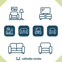 Home Icons. Living Room, TV Stand, Couch, Armchair, Furniture, Real Estate Icon