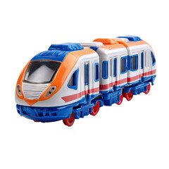 Colorful toy train, multiple cars, vibrant design