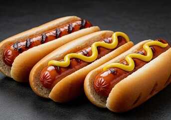 Grilled Hot Dogs with Mustard on Studio Black Background 