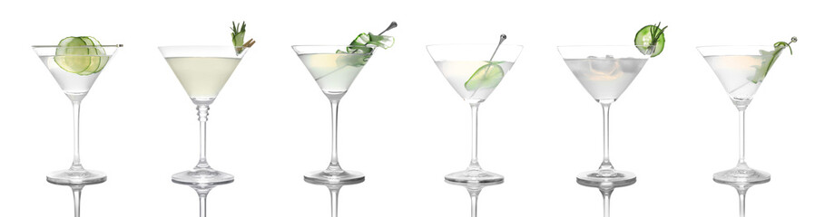Different cocktails in martini glasses isolated on white, set