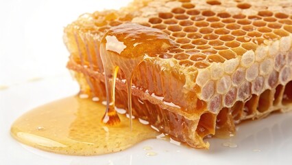 Golden honey drips from sweet honeycomb showcasing nature's delicious treat
