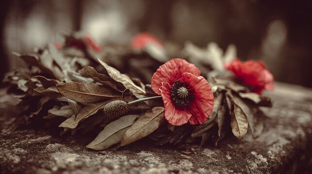 Remembrance Poppy Flower Lying On Wreath Placed On Stone Grave